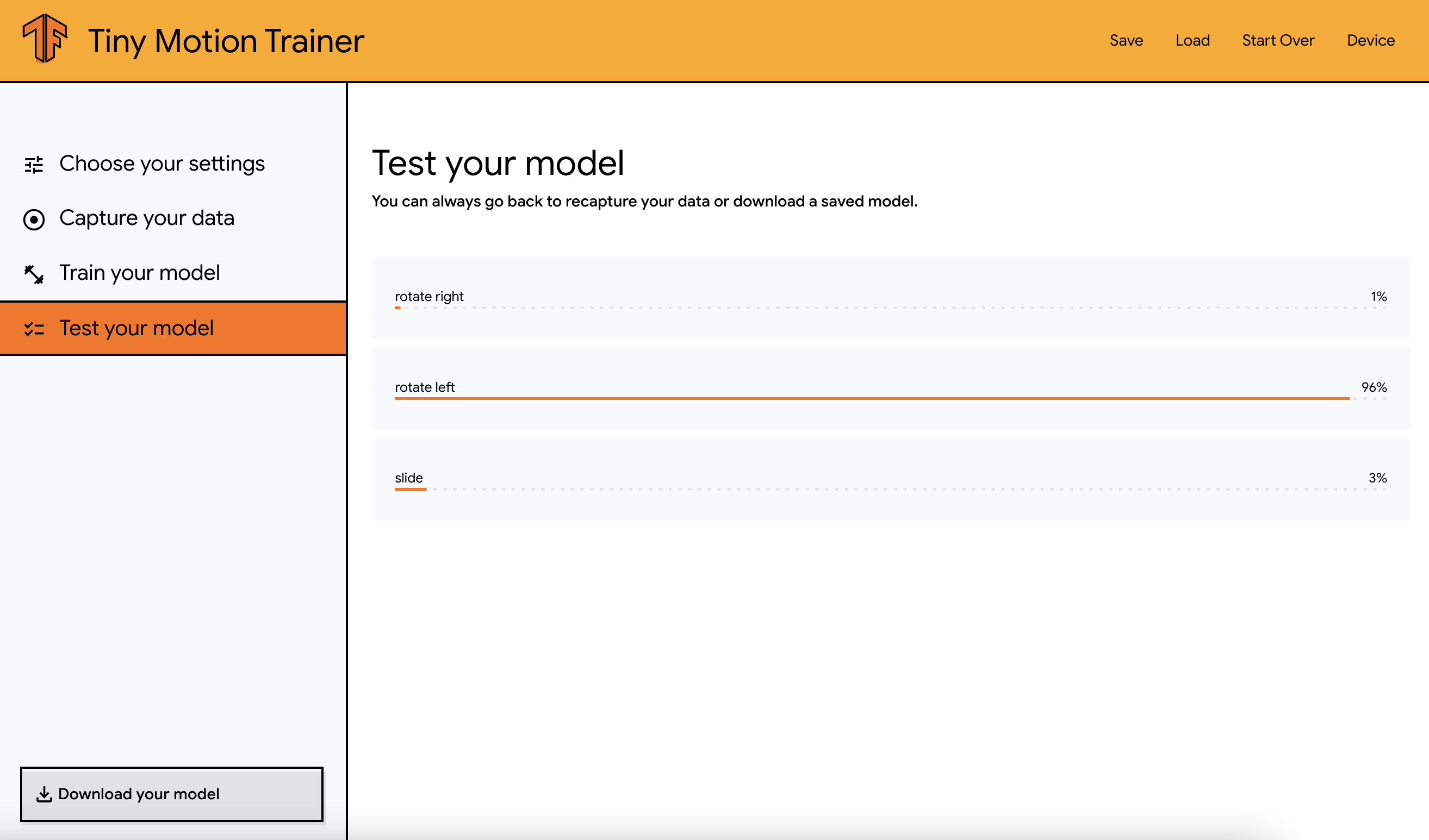 Screenshot of the testing phase showing the correct gesture being predicted