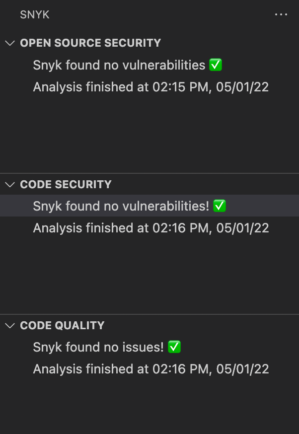 Screenshot of the Snyk VSCode report showing no vulnerabilities found in open-source security, code security and code quality