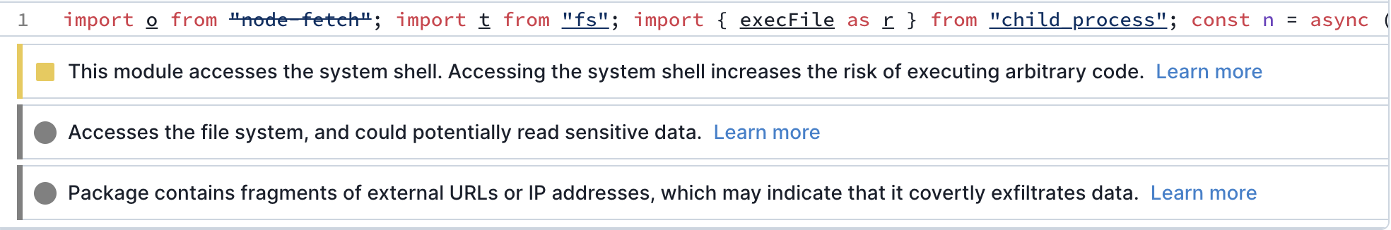 Screenshot of the Socket UI showing a warning that the minidifed code of the module accesses the system shell.