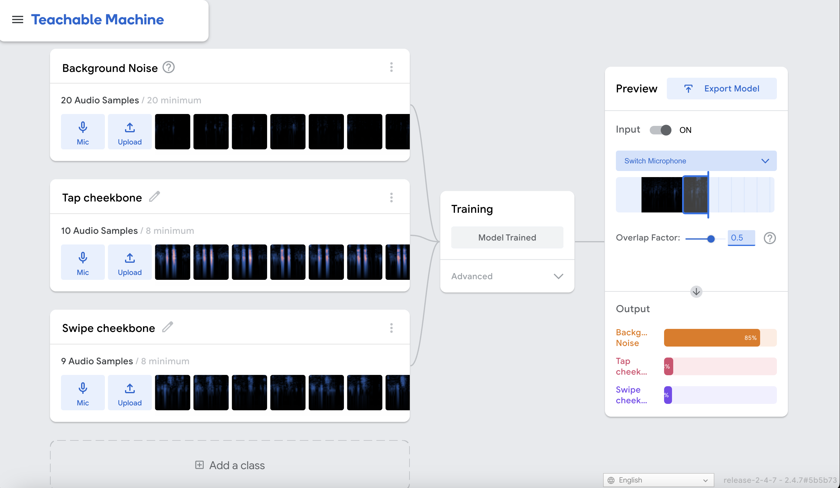 Screenshot of the teachable machine interface with sound samples recorded for 2 gestures: tap cheekbone and swipe cheekbone.